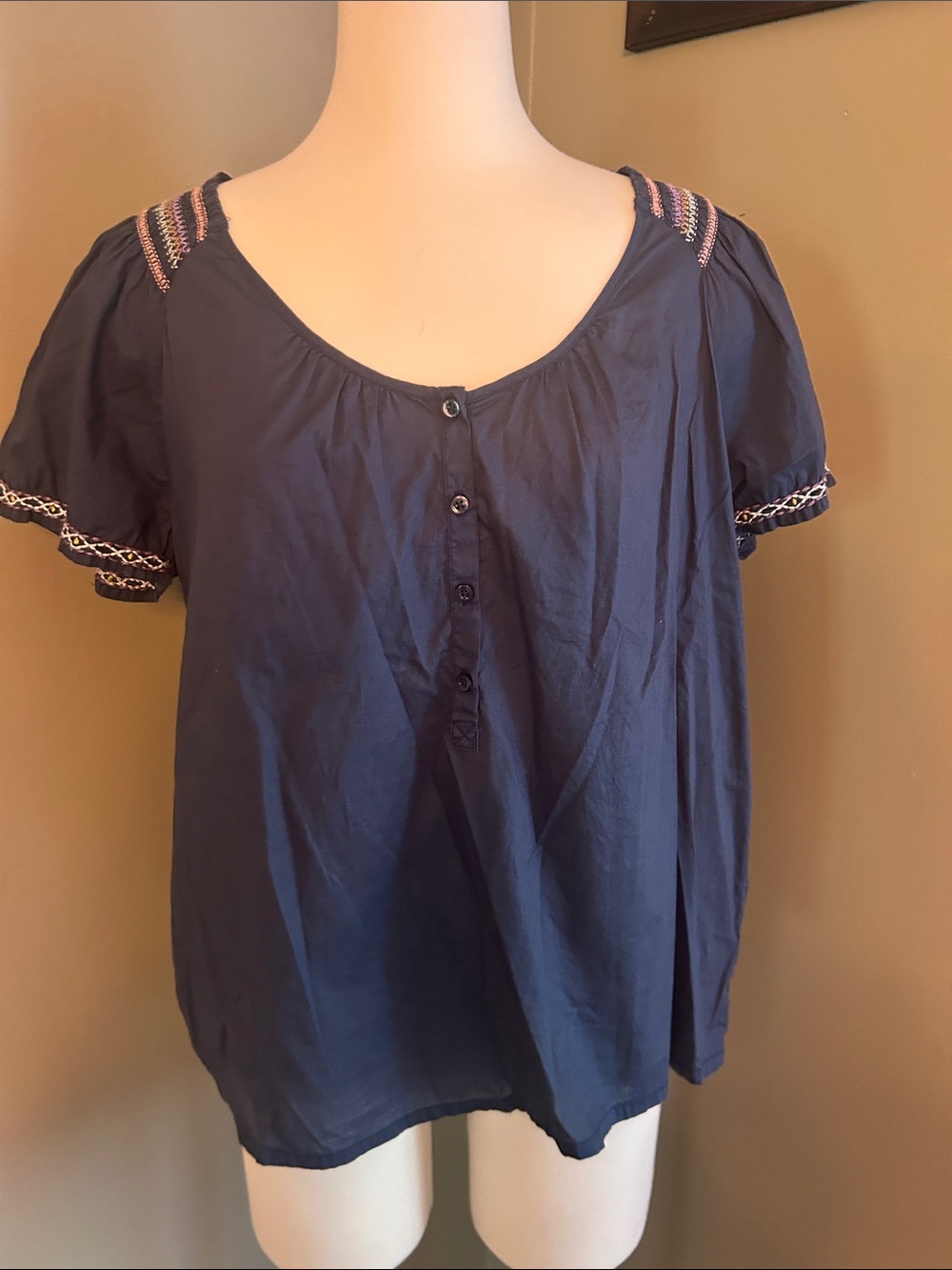 American Eagle Outfitters Navy Button-Front Peasant Blouse
